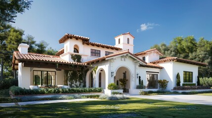 Fototapeta premium charming suburban farmhouse with a white stucco exterior and terracotta roof tiles, reminiscent of a Mediterranean villa