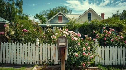 classic suburban farmhouse with a white picket fence, rose bushes, and a quaint wooden mailbox