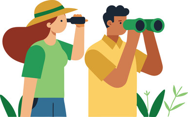 Couple birdwatching using binoculars in nature illustration