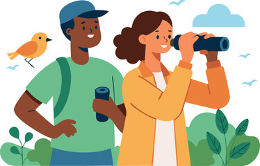 Young couple birdwatching in nature with binoculars, observing birds in the wild