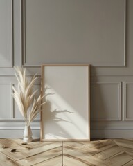 Minimal Thin Wooden Frame mockup, Leaning A1 Frame on parquet floor, blank frame mockup, gray wall