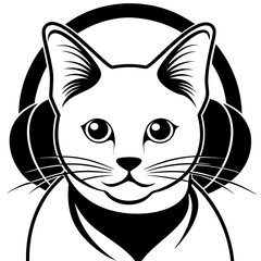 black and white cat head  with a headphone on its head  vector design 