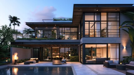 Fototapeta premium luxurious suburban farmhouse with a modern twist, featuring a rooftop terrace and an outdoor swimming pool