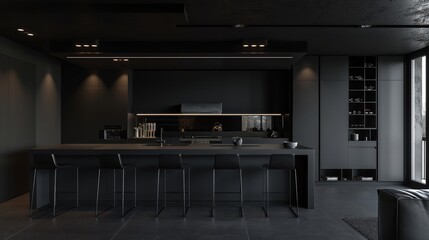 Modern black-themed kitchen interior with sleek cabinets, island with bar stools, built-in appliances, and minimalistic decor.