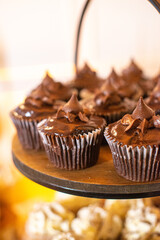 Delicious chocolate cupcakes lined up on wood plate