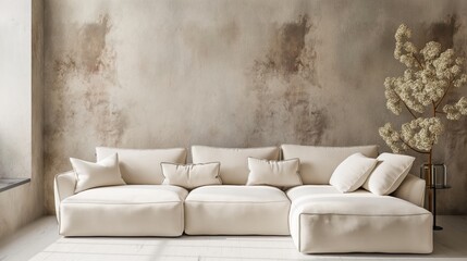 A modern living room with a beige sectional sofa, minimalist decor, and dried floral arrangement beside a textured wall.