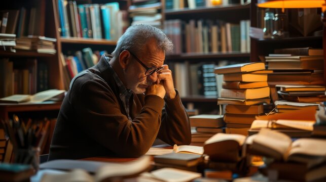 A philosopher or scientist sitting at a desk, deep in thought, surrounded by notes and books. Perfect for content about philosophy, reflection, and intellectual growth.Cogito, Ergo Sum.