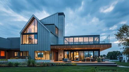 Obraz premium modern suburban farmhouse with a bold geometric design, featuring a mix of glass, steel, and wood materials