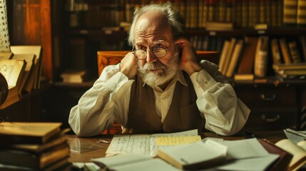A philosopher or scientist sitting at a desk, deep in thought, surrounded by notes and books. Perfect for content about philosophy, reflection, and intellectual growth.Cogito, Ergo Sum.