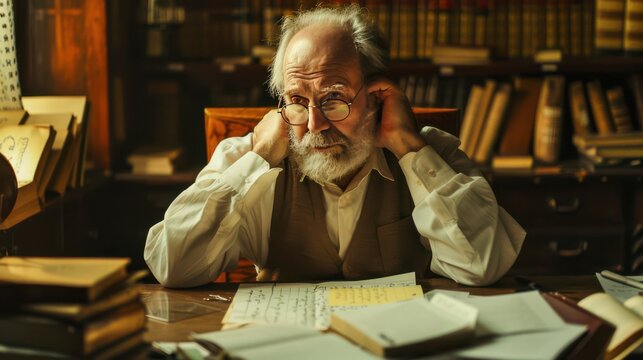 A philosopher or scientist sitting at a desk, deep in thought, surrounded by notes and books. Perfect for content about philosophy, reflection, and intellectual growth.Cogito, Ergo Sum.