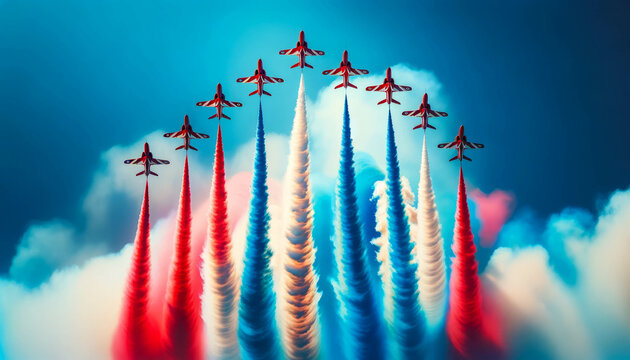 A formation of red airplanes fly in a perfect arc, leaving colorful smoke trails behind them in a blue sky - Powered by Adobe
