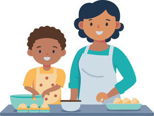 Happy parent and child cooking together in the kitchen, smiling and bonding