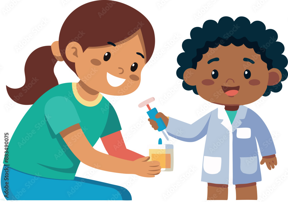Poster smiling children conducting fun science experiment together in classroom