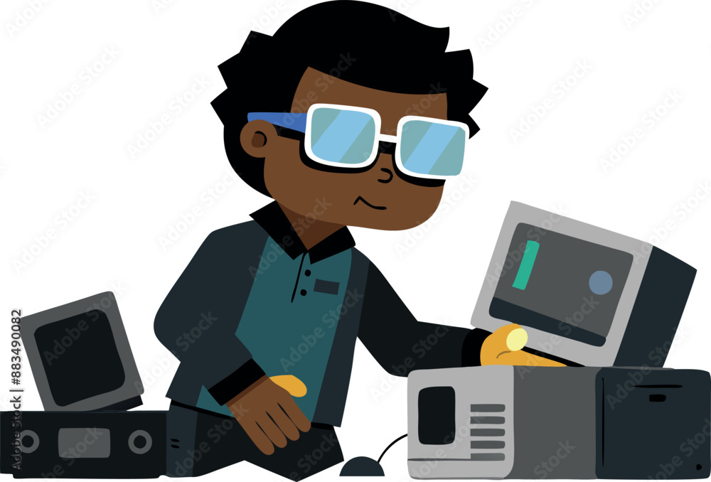 Poster cartoon illustration of a young programmer working with vintage computers and technology