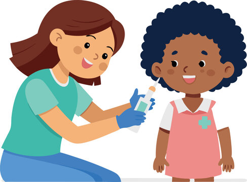 Illustration of a nurse giving a child a vaccination shot in a friendly healthcare setting