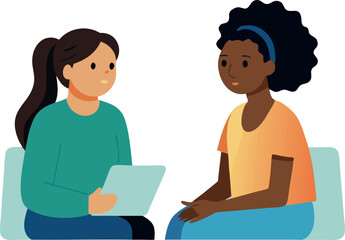 Fototapeta premium Illustration of two women having a friendly conversation on chairs