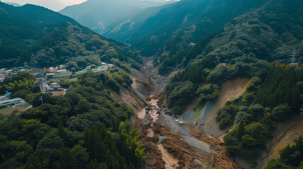 Fototapeta premium 日本の大規模な土砂崩れのドローン撮影