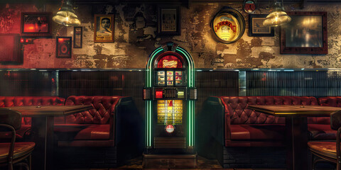 The Retro Lounge: A vintage jukebox playing old-school tunes, surrounded by leather booths and dim lighting.
