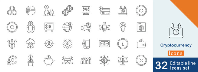 Cryptocurrency editable stroke icon set. Cryptocurrency, Blockchain, Bitcoin, Digital currency, Savings, Piggy bank, Growth chart and more line icon 