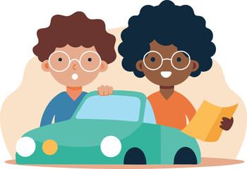 Illustration of two kids playing with a toy car and a map