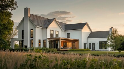 suburban farmhouse with a modern minimalist design, emphasizing clean lines, functional spaces, and a neutral color palette