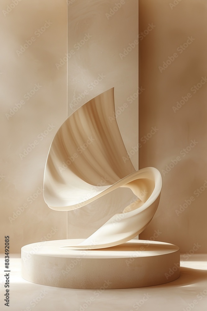 Poster beige podium with an abstract shape and round pedestal in minimalistic design