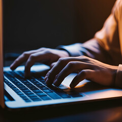 Close-Up of Hands Typing on Laptop Keyboard Focused Work in Dim Lighting