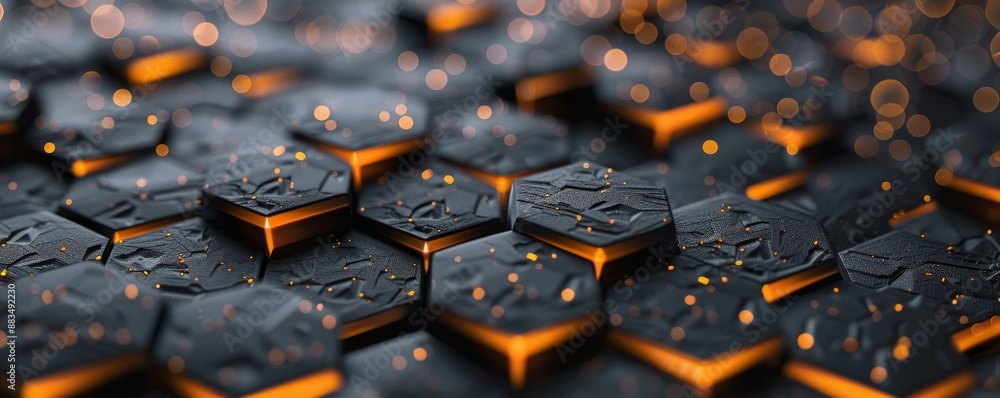 Aufkleber abstract black and gold hexagonal pattern with glowing highlights and bokeh effect
