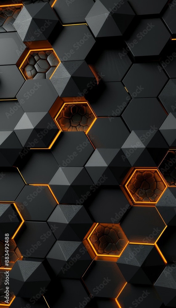 Poster abstract hexagonal pattern with black and orange glowing elements on a dark background