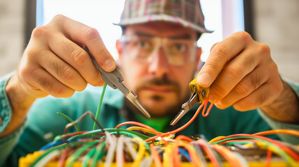 Male electrician, man or employee in electronic industry dressed in work suit and protective glasses holding tools, instrument or equipment for repairment or cutting standing in front of cables wires