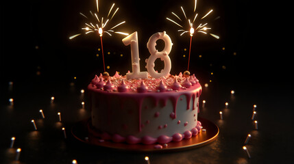 Delicious white birthday cake with sweet pink decorations and burning candles with the number eighteen, 18 symbolizing years, dessert for holiday, celebration or party, food on anniversary, event.