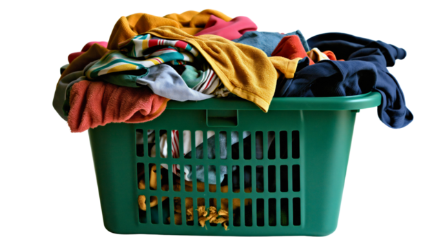 A plastic green basket or container full of dirty clothes, a pile of different laundry fabrics or cotton, rubbish in the box isolated on a transparent background, PNG, housework hygiene, chores, messy