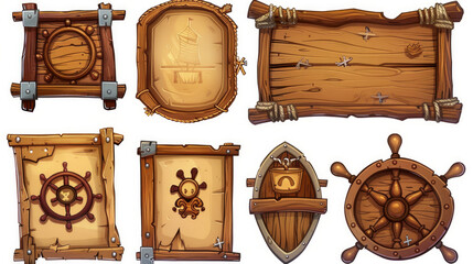 Design elements for pirate games - cartoon style wooden plates for menus with steering wheel, shop, and buttons. Wood interface frame and board, achievement counter, and level completion results.