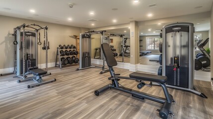 Fototapeta premium suburban farmhouse with a state-of-the-art fitness room, including a variety of exercise machines, free weights, and a designated area for yoga and Pilates