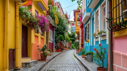 A photograph of colorful houses lining a charming narrow alleyway, with vibrant facades, flower-filled windowsills, and cobblestone pavement