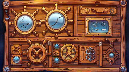 Design elements for pirate games - cartoon style wooden plates for menus with steering wheel, shop, and buttons. Wood interface frame and board, achievement counter, and level completion results.