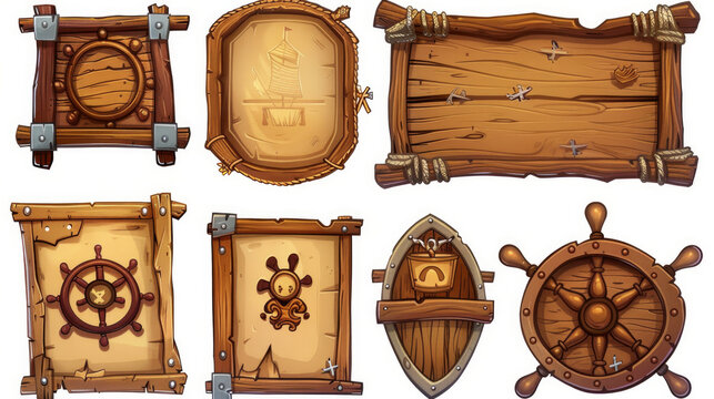 Design elements for pirate games - cartoon style wooden plates for menus with steering wheel, shop, and buttons. Wood interface frame and board, achievement counter, and level completion results.
