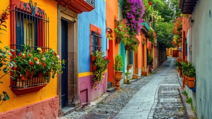 Fototapeta premium A photograph of colorful houses lining a charming narrow alleyway, with vibrant facades, flower-filled windowsills, and cobblestone pavement