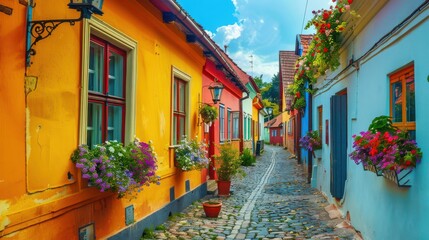 A photograph of colorful houses lining a charming narrow alleyway, with vibrant facades, flower-filled windowsills, and cobblestone pavement