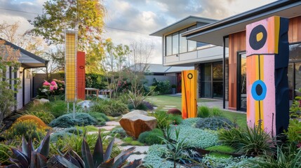 suburban farmhouse with a modern design twist, featuring abstract art installations in the garden and a bold color palette