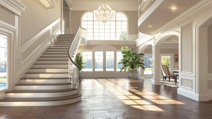 Obraz premium suburban farmhouse with a grand foyer featuring a sweeping staircase, an elegant chandelier, and a floor-to-ceiling window