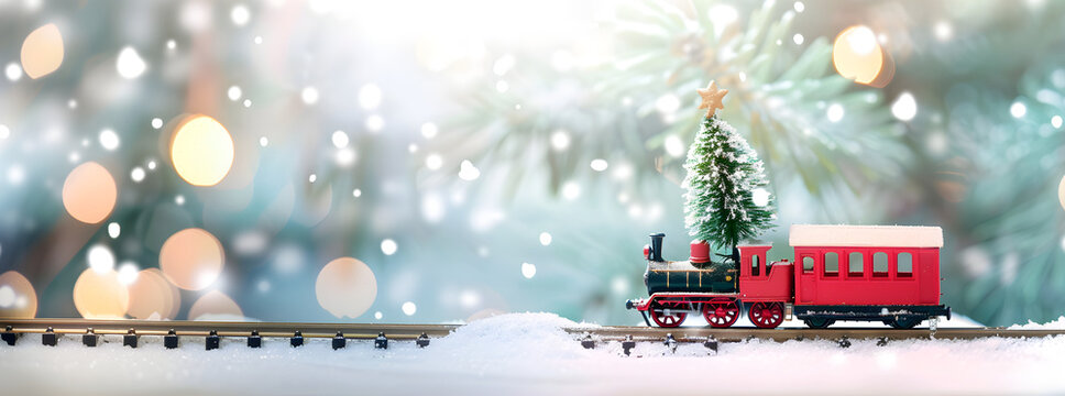 Red toy train and Christmas tree in snow on blurred lights background. Concept for Christmas, New Year, winter holidays. Banner with copy space. Christmas festive composition.