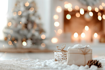 Gifts under Christmas tree by fireplace. White minimalistic scandi style New Year interior. Stack of presents in snow on floor. Blurred living room background with copy space. Cozy family holidays. 