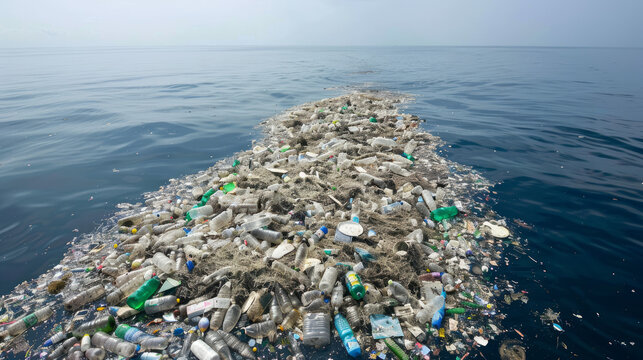 Huge island of plastic waste in the ocean, known as the Great Pacific Garbage Patch or Plastic Island.