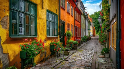 A photograph of colorful houses lining a charming narrow alleyway, with vibrant facades, flower-filled windowsills, and cobblestone pavement