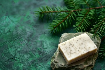 Organic handmade soap with natural herbal ingredients lays on textured stone with pine tree branch and green background. Spa and skincare product.