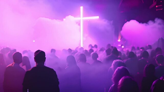 Crowd Christian party in club with big glowing cross. Christian worship with praise to God Ready to raise your hand at the Christian music concert, Holy City. 4k video