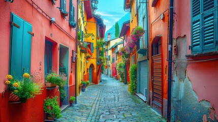 Naklejka premium A photograph of colorful houses lining a charming narrow alleyway, with vibrant facades, flower-filled windowsills, and cobblestone pavement