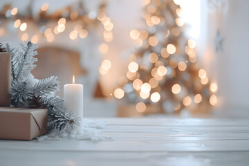 Gifts and candles in snow against background of blurred Christmas tree, garlands, fireplace....