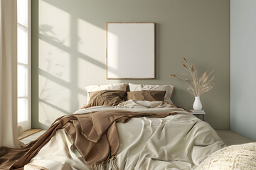 Blank frame for wall art mock up above the bed. Minimalist bedroom interior with neutral earth tones bedding.
